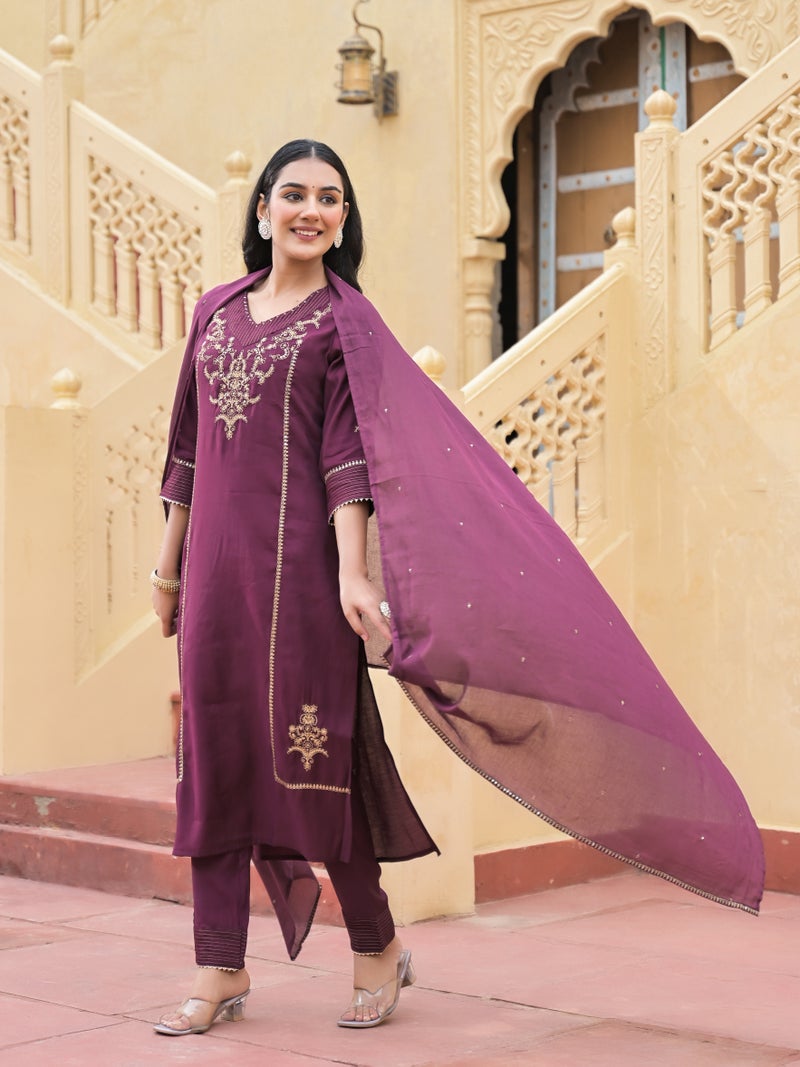 Shifory Wine Embroidered Kurti Set for Women - Image 1